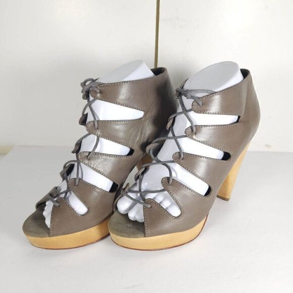 Loefller Randall Women's US7,5B Leather Light Gray Wooden Heels Sandals Booties - Picture 1 of 14